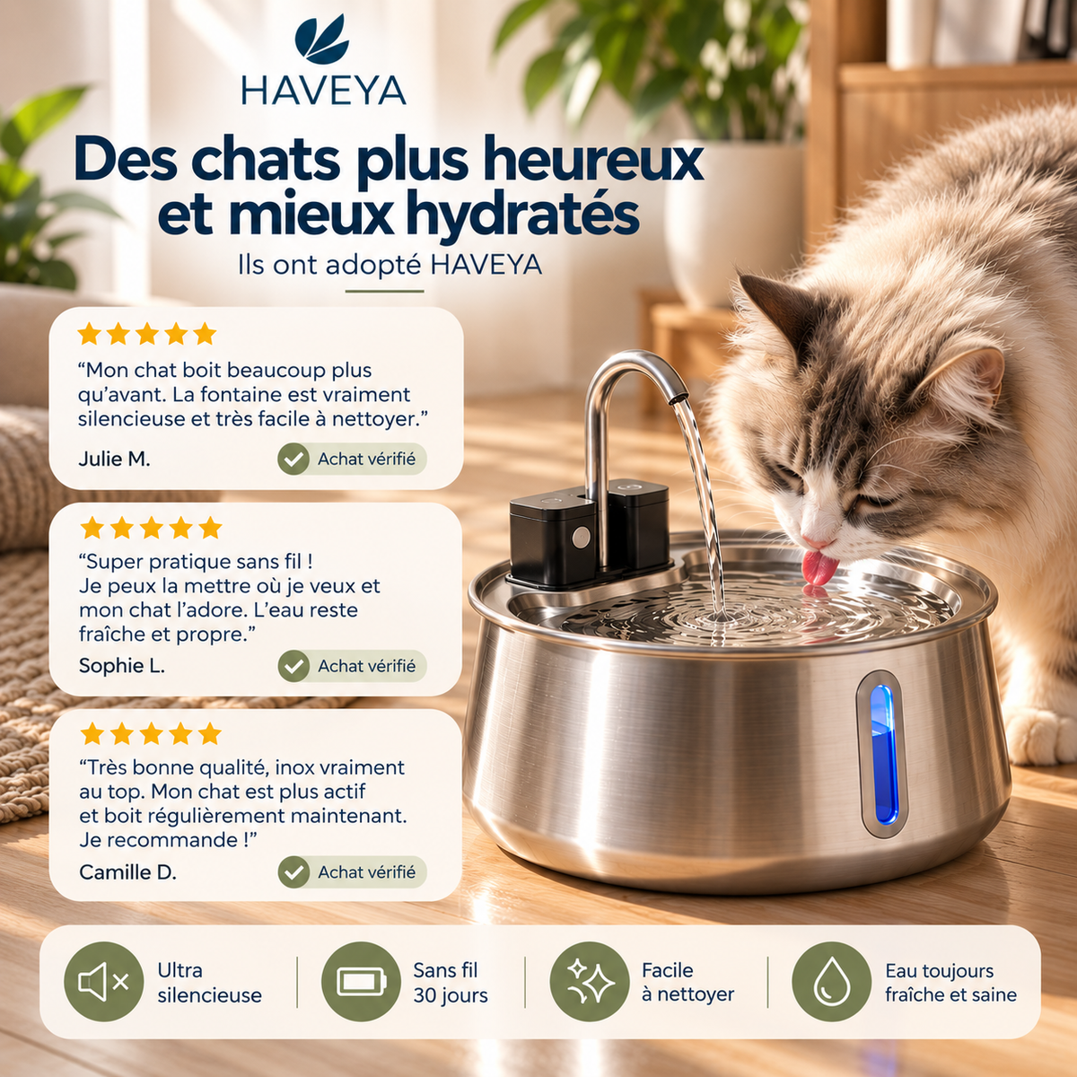 Fontaine pour chat 100% sans fil – Autonomie 30 jours & Capteur intelligent