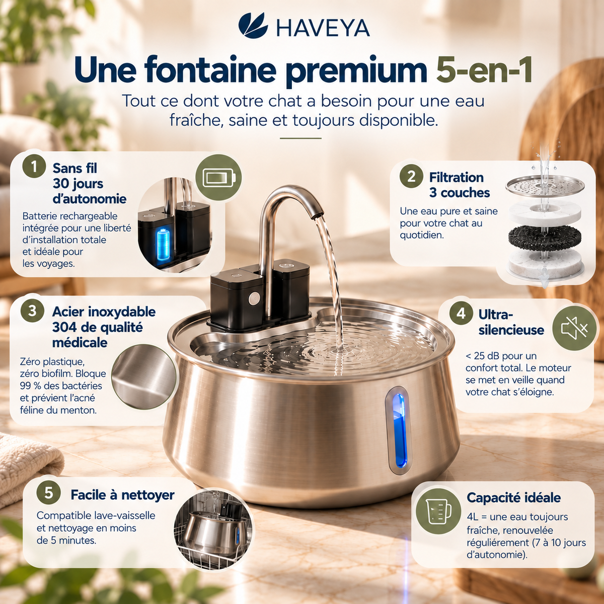 Fontaine pour chat 100% sans fil – Autonomie 30 jours & Capteur intelligent