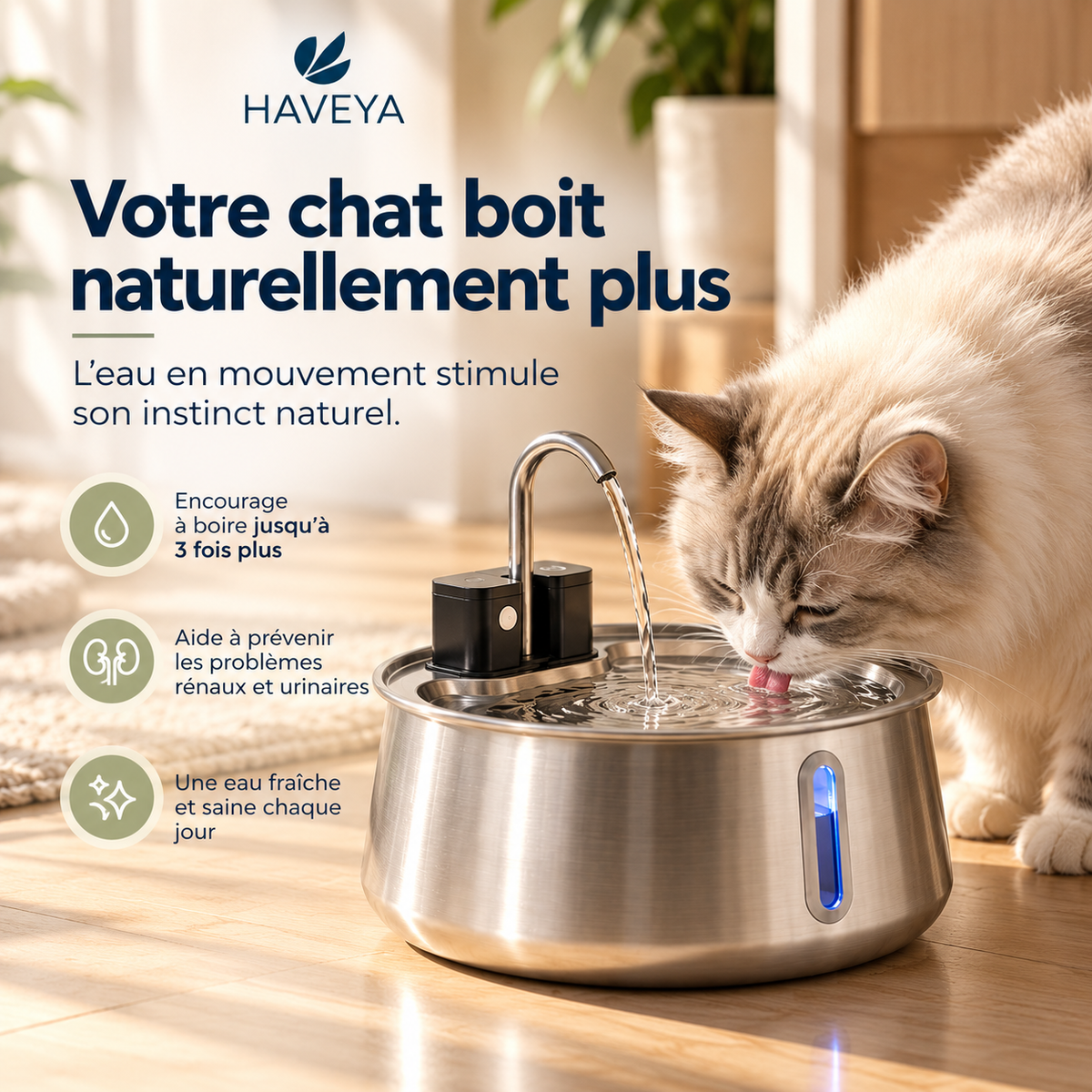 Fontaine pour chat 100% sans fil – Autonomie 30 jours & Capteur intelligent