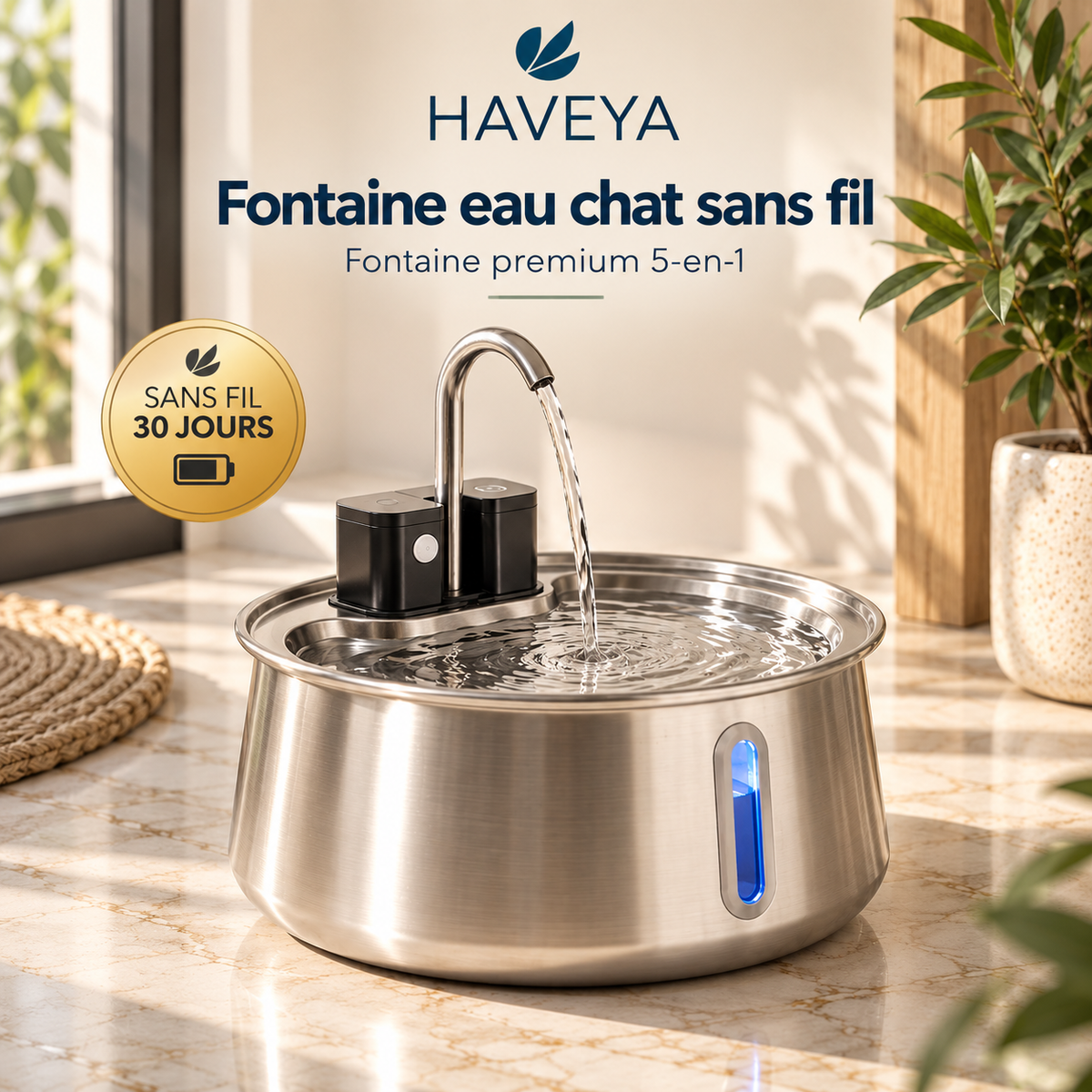 Fontaine pour chat 100% sans fil – Autonomie 30 jours & Capteur intelligent